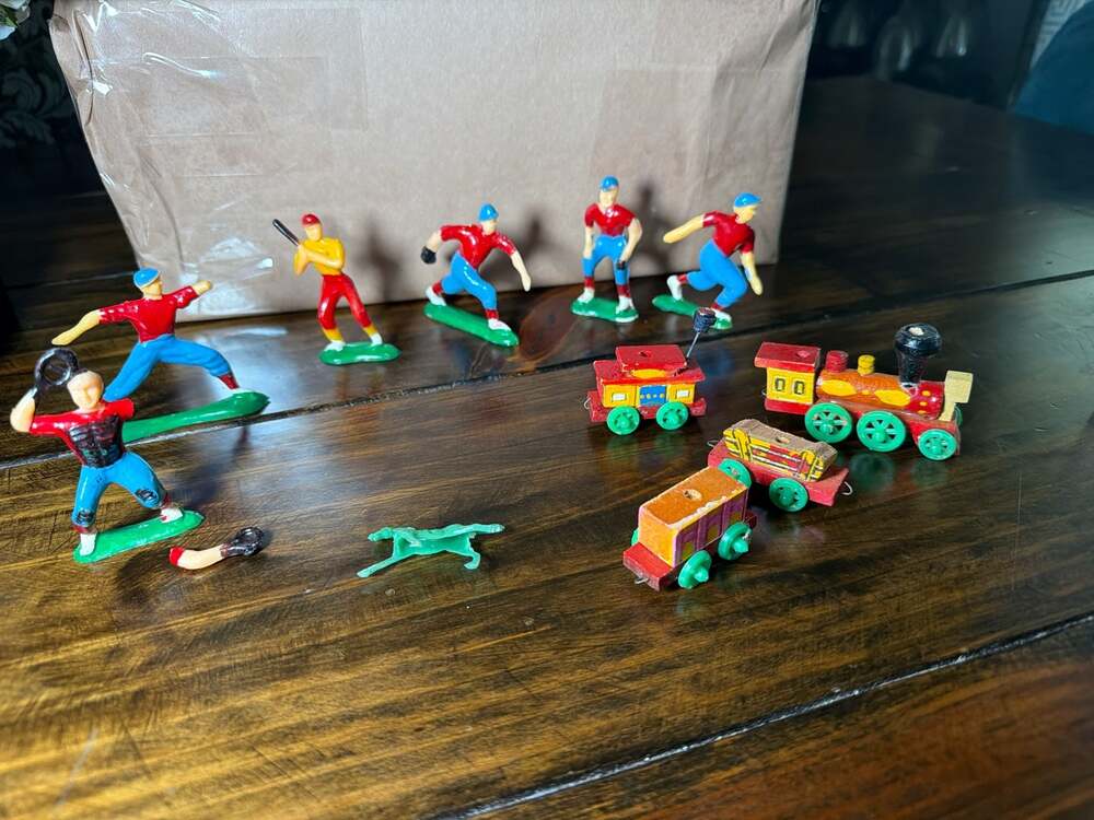 Vintage Mixed Toy Lot Including Marx Plastic Baseball Figures and Hand-Painted W